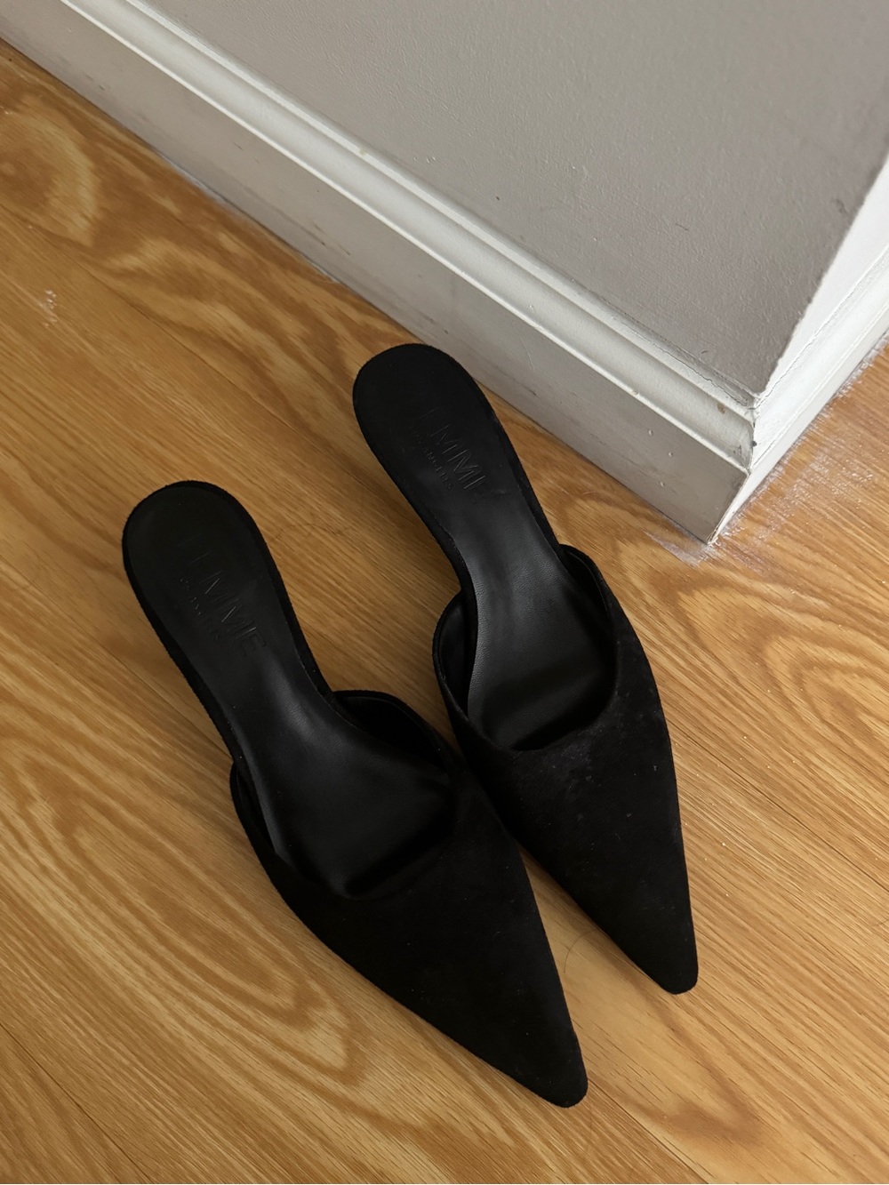 FEMME Black Pointed Toe Suede Mule Heels